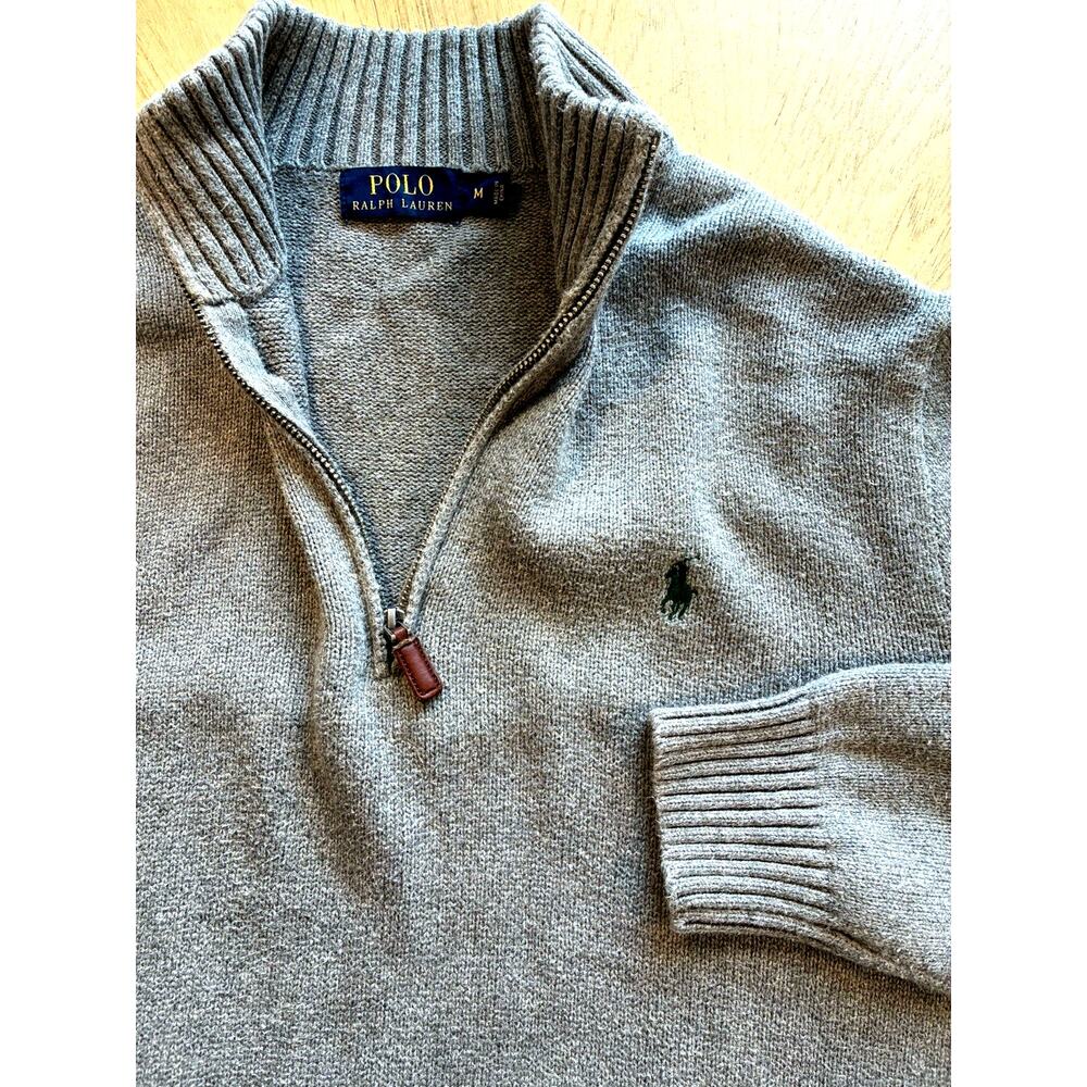 Polo Ralph Lauren Sweater Men M Gray 1/4 Zip Mock Neck Rib Knit Cuffs Green Pony
